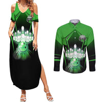 Bowling Team Design Couples Matching Summer Maxi Dress and Long Sleeve Button Shirt Green Strike Graphic and Custom Name Shield Accent - Wonder Print Shop