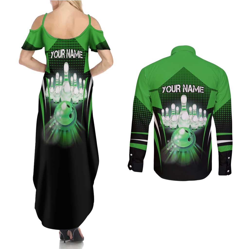 Bowling Team Design Couples Matching Summer Maxi Dress and Long Sleeve Button Shirt Green Strike Graphic and Custom Name Shield Accent - Wonder Print Shop