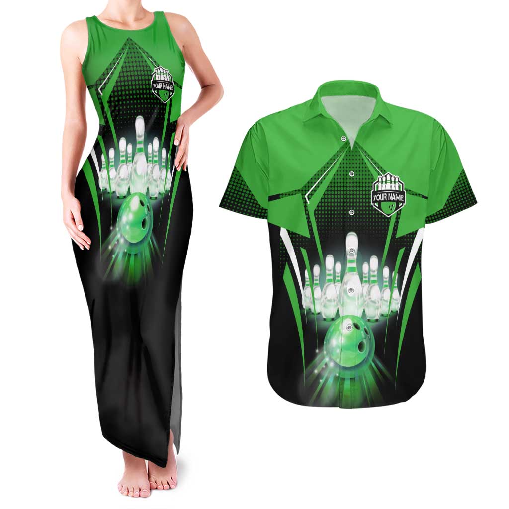 Bowling Team Design Couples Matching Tank Maxi Dress and Hawaiian Shirt Green Strike Graphic and Custom Name Shield Accent - Wonder Print Shop