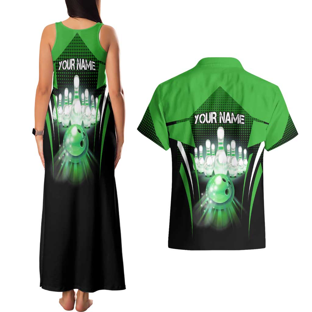 Bowling Team Design Couples Matching Tank Maxi Dress and Hawaiian Shirt Green Strike Graphic and Custom Name Shield Accent - Wonder Print Shop