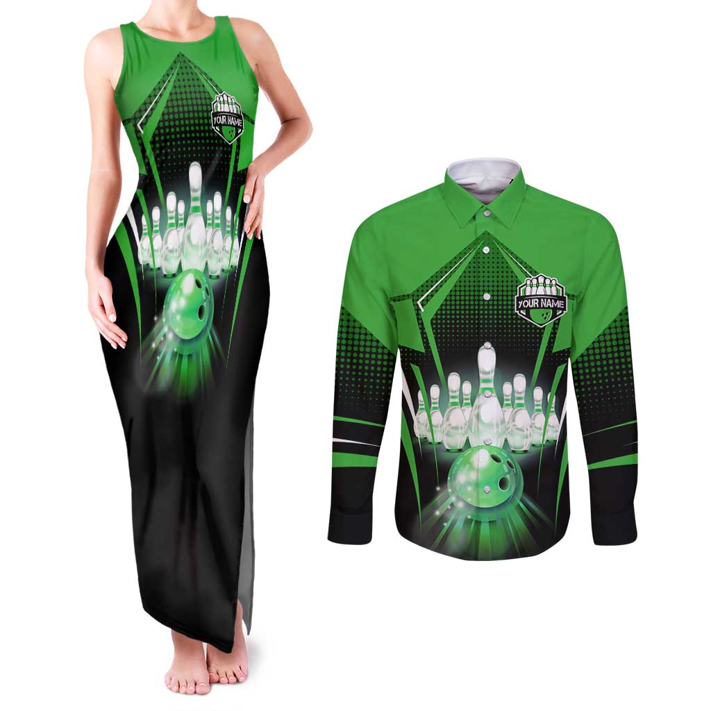 Bowling Team Design Couples Matching Tank Maxi Dress and Long Sleeve Button Shirt Green Strike Graphic and Custom Name Shield Accent - Wonder Print Shop