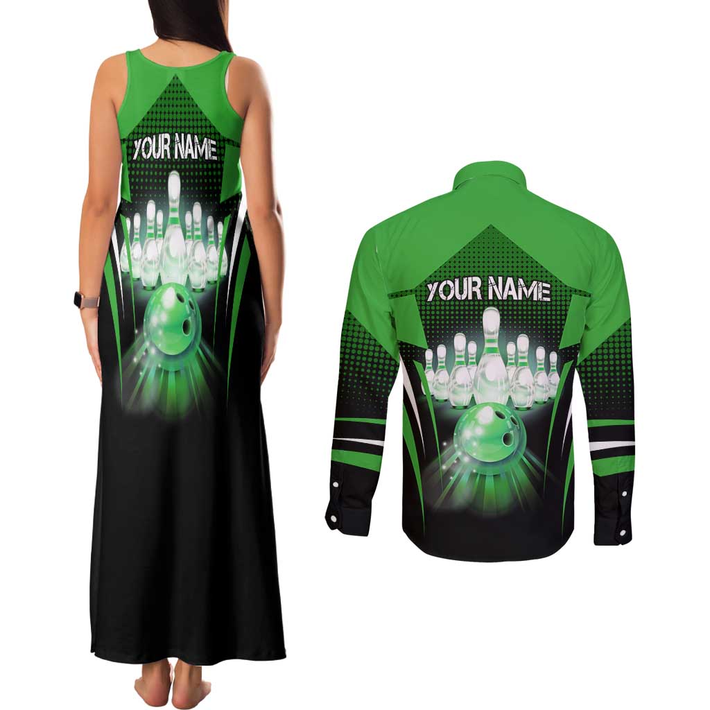 Bowling Team Design Couples Matching Tank Maxi Dress and Long Sleeve Button Shirt Green Strike Graphic and Custom Name Shield Accent - Wonder Print Shop