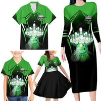 Bowling Team Design Family Matching Long Sleeve Bodycon Dress and Hawaiian Shirt Green Strike Graphic and Custom Name Shield Accent - Wonder Print Shop