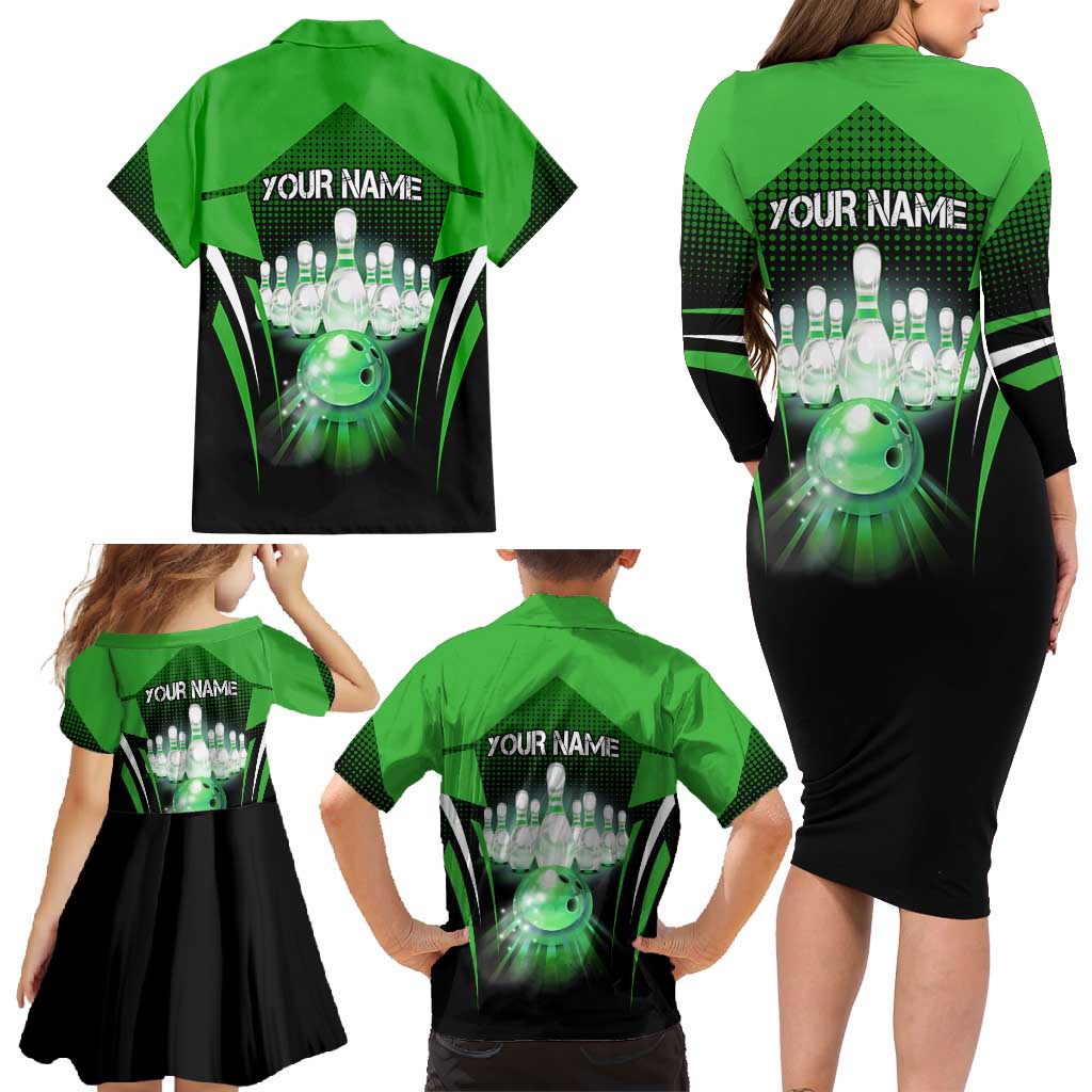 Bowling Team Design Family Matching Long Sleeve Bodycon Dress and Hawaiian Shirt Green Strike Graphic and Custom Name Shield Accent - Wonder Print Shop