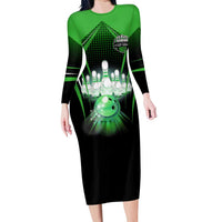 Bowling Team Design Family Matching Long Sleeve Bodycon Dress and Hawaiian Shirt Green Strike Graphic and Custom Name Shield Accent - Wonder Print Shop