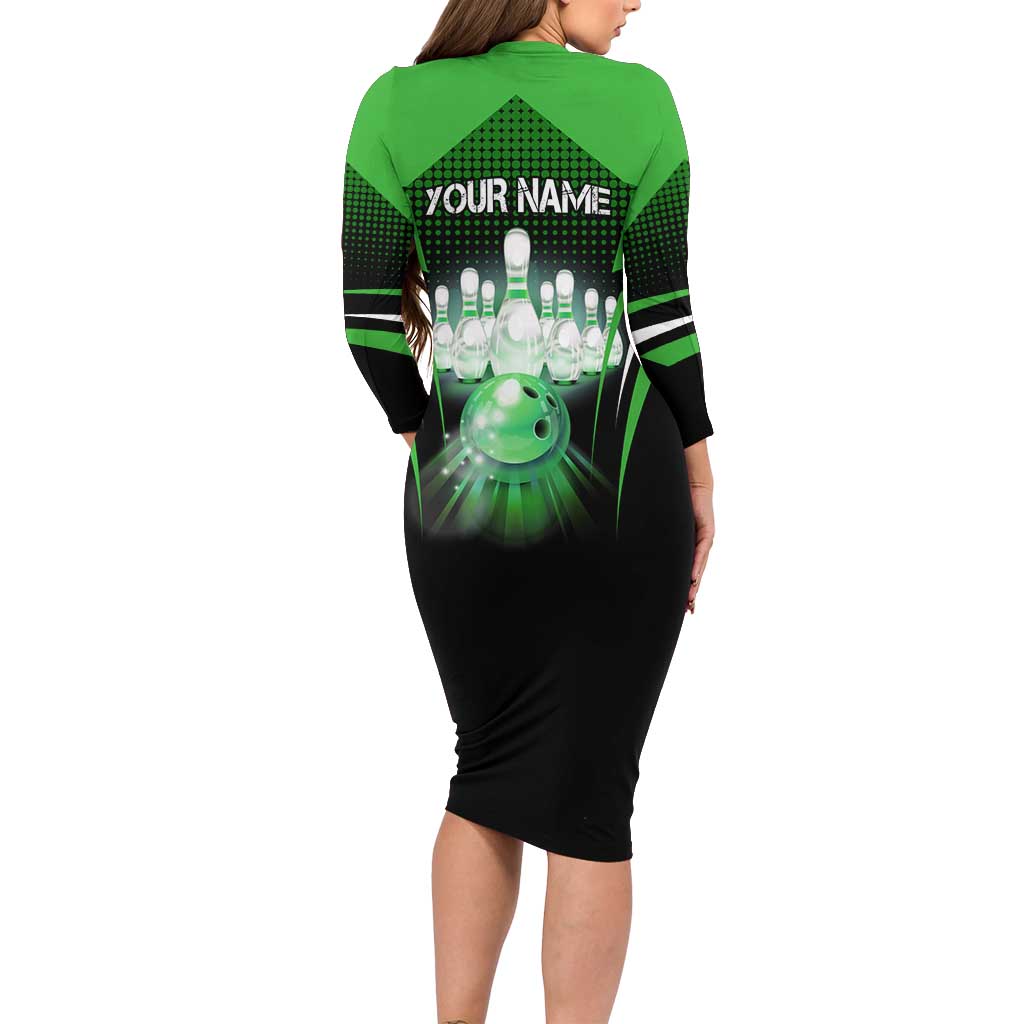 Bowling Team Design Family Matching Long Sleeve Bodycon Dress and Hawaiian Shirt Green Strike Graphic and Custom Name Shield Accent - Wonder Print Shop