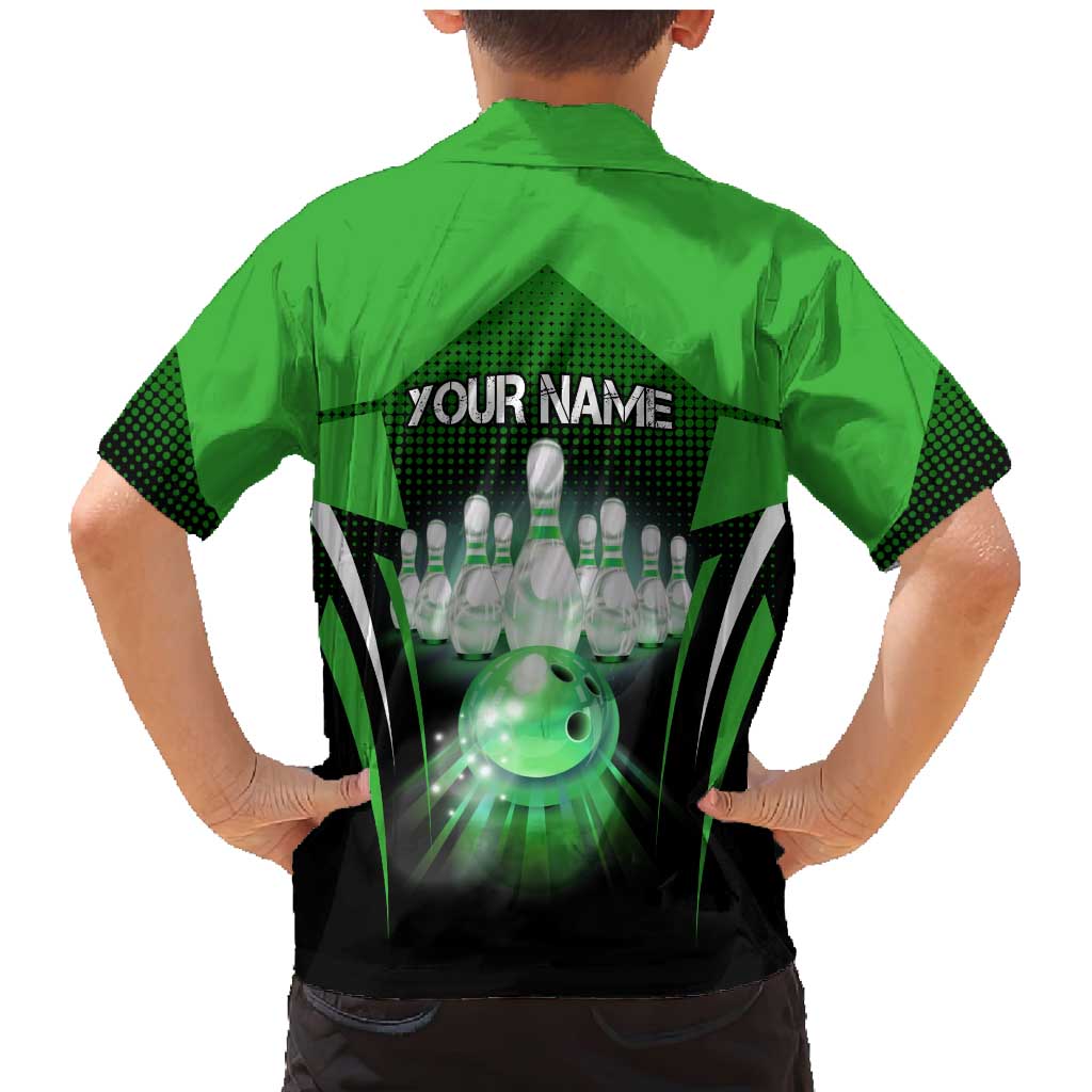 Bowling Team Design Family Matching Mermaid Dress and Hawaiian Shirt Green Strike Graphic and Custom Name Shield Accent - Wonder Print Shop