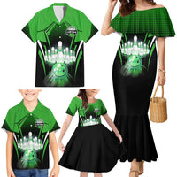 Bowling Team Design Family Matching Mermaid Dress and Hawaiian Shirt Green Strike Graphic and Custom Name Shield Accent - Wonder Print Shop