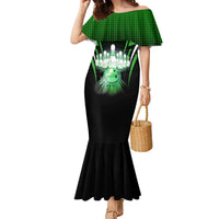 Bowling Team Design Family Matching Mermaid Dress and Hawaiian Shirt Green Strike Graphic and Custom Name Shield Accent - Wonder Print Shop