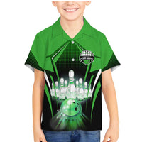 Bowling Team Design Family Matching Mermaid Dress and Hawaiian Shirt Green Strike Graphic and Custom Name Shield Accent - Wonder Print Shop