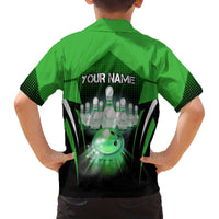 Bowling Team Design Family Matching Off The Shoulder Long Sleeve Dress and Hawaiian Shirt Green Strike Graphic and Custom Name Shield Accent - Wonder Print Shop