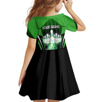 Bowling Team Design Family Matching Off The Shoulder Long Sleeve Dress and Hawaiian Shirt Green Strike Graphic and Custom Name Shield Accent - Wonder Print Shop