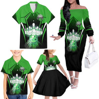 Bowling Team Design Family Matching Off The Shoulder Long Sleeve Dress and Hawaiian Shirt Green Strike Graphic and Custom Name Shield Accent - Wonder Print Shop