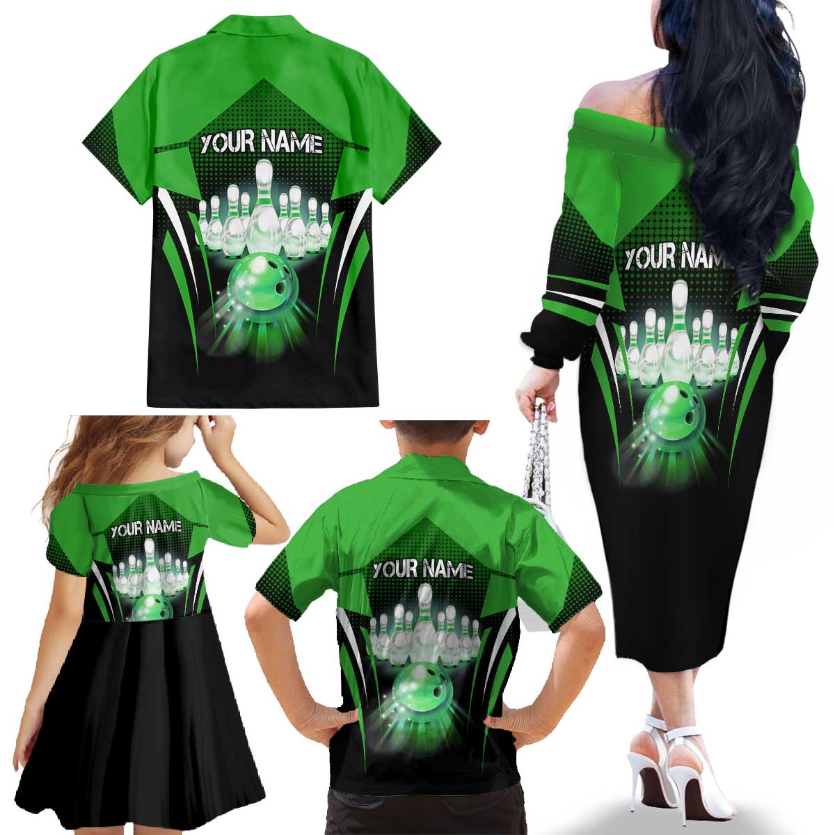 Bowling Team Design Family Matching Off The Shoulder Long Sleeve Dress and Hawaiian Shirt Green Strike Graphic and Custom Name Shield Accent - Wonder Print Shop