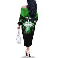 Bowling Team Design Family Matching Off The Shoulder Long Sleeve Dress and Hawaiian Shirt Green Strike Graphic and Custom Name Shield Accent - Wonder Print Shop
