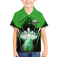 Bowling Team Design Family Matching Off The Shoulder Long Sleeve Dress and Hawaiian Shirt Green Strike Graphic and Custom Name Shield Accent - Wonder Print Shop