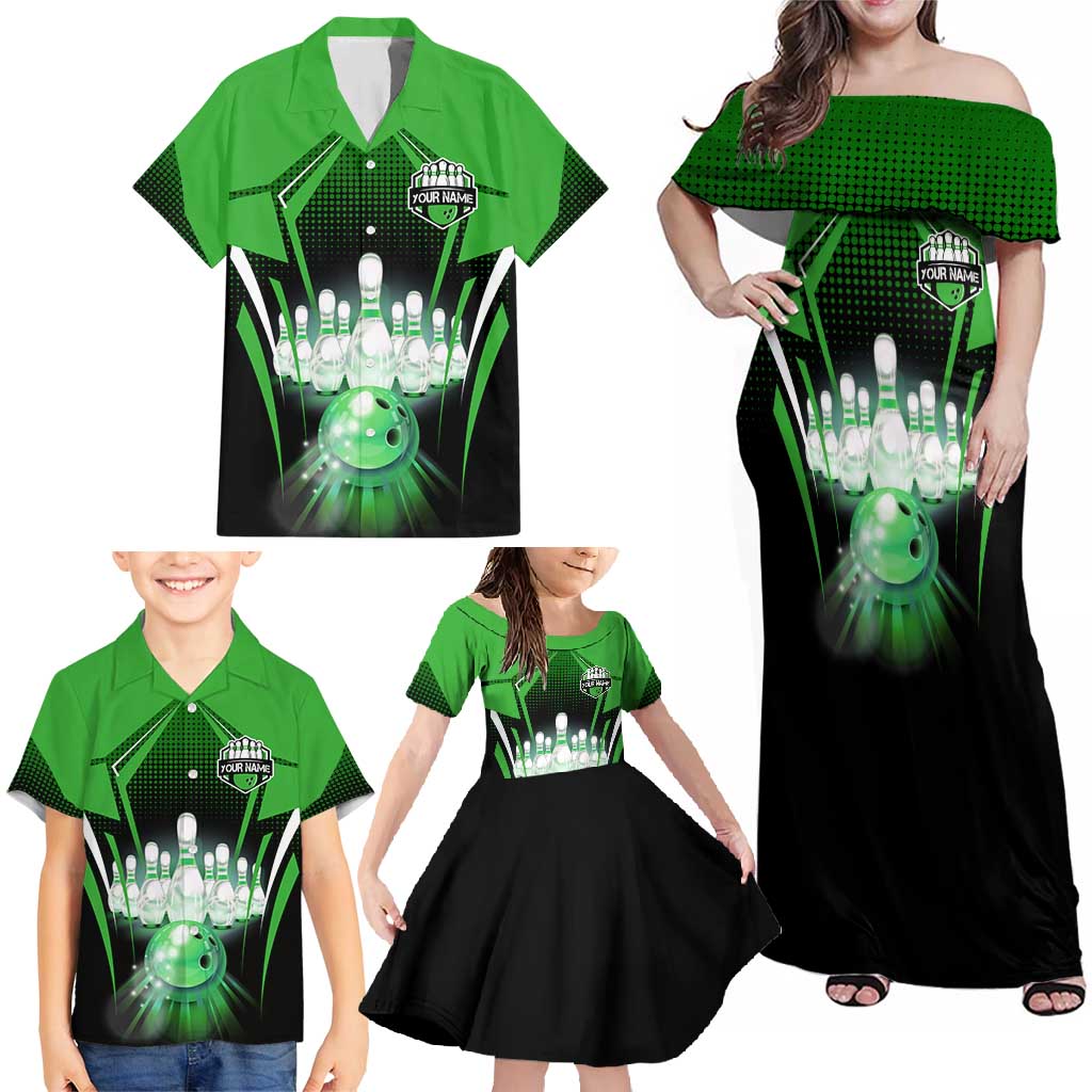 Bowling Team Design Family Matching Off Shoulder Maxi Dress and Hawaiian Shirt Green Strike Graphic and Custom Name Shield Accent - Wonder Print Shop