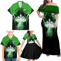 Bowling Team Design Family Matching Off Shoulder Maxi Dress and Hawaiian Shirt Green Strike Graphic and Custom Name Shield Accent - Wonder Print Shop
