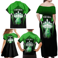 Bowling Team Design Family Matching Off Shoulder Maxi Dress and Hawaiian Shirt Green Strike Graphic and Custom Name Shield Accent - Wonder Print Shop
