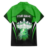 Bowling Team Design Family Matching Off Shoulder Maxi Dress and Hawaiian Shirt Green Strike Graphic and Custom Name Shield Accent - Wonder Print Shop