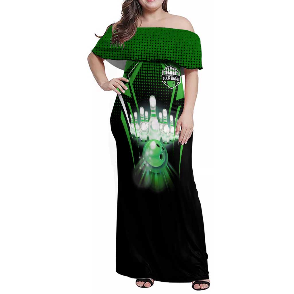 Bowling Team Design Family Matching Off Shoulder Maxi Dress and Hawaiian Shirt Green Strike Graphic and Custom Name Shield Accent - Wonder Print Shop