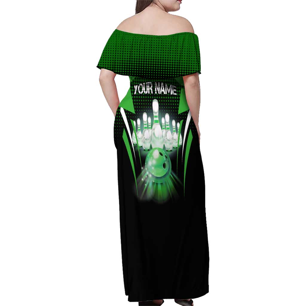 Bowling Team Design Family Matching Off Shoulder Maxi Dress and Hawaiian Shirt Green Strike Graphic and Custom Name Shield Accent - Wonder Print Shop
