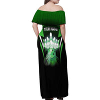 Bowling Team Design Family Matching Off Shoulder Maxi Dress and Hawaiian Shirt Green Strike Graphic and Custom Name Shield Accent - Wonder Print Shop