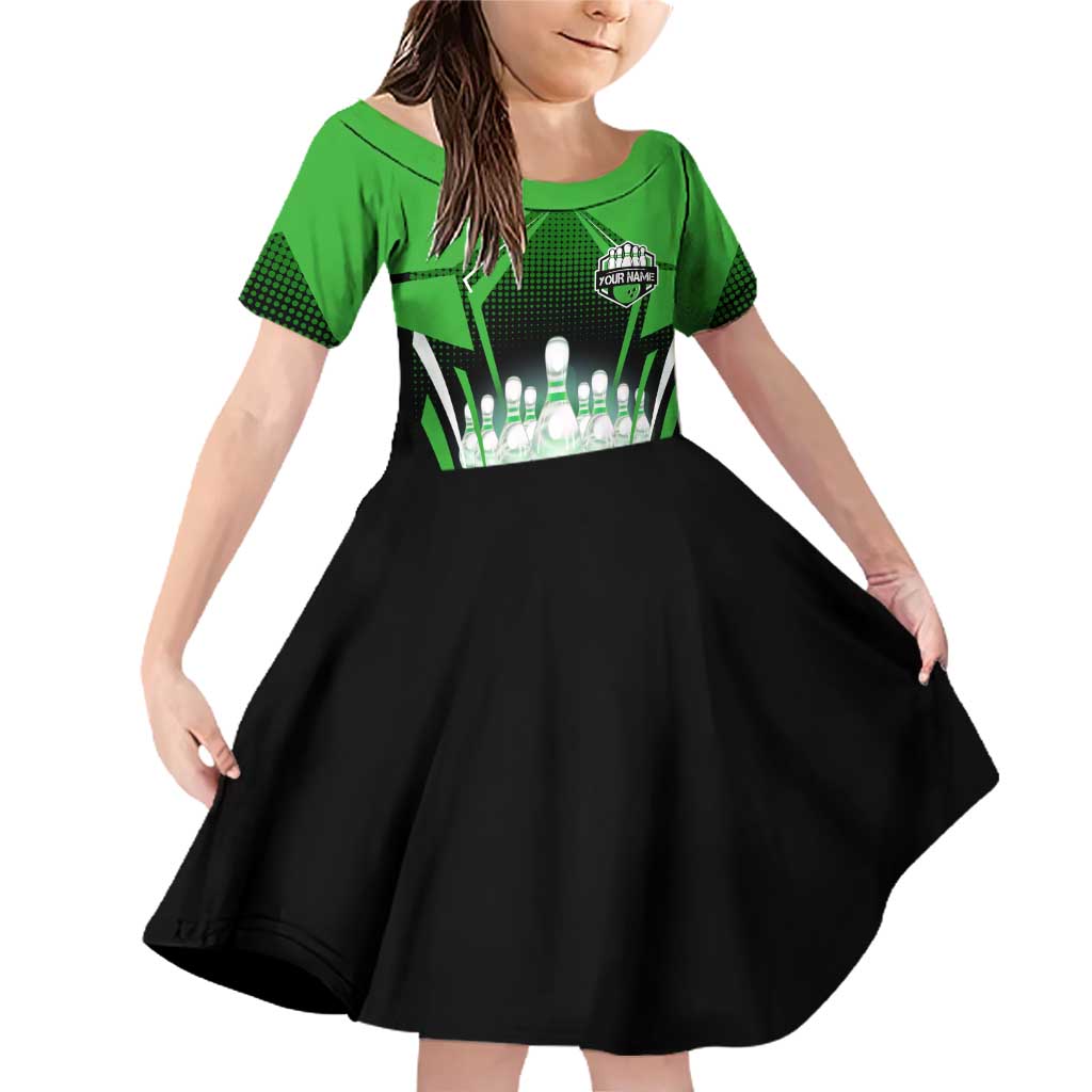 Bowling Team Design Family Matching Off Shoulder Short Dress and Hawaiian Shirt Green Strike Graphic and Custom Name Shield Accent - Wonder Print Shop