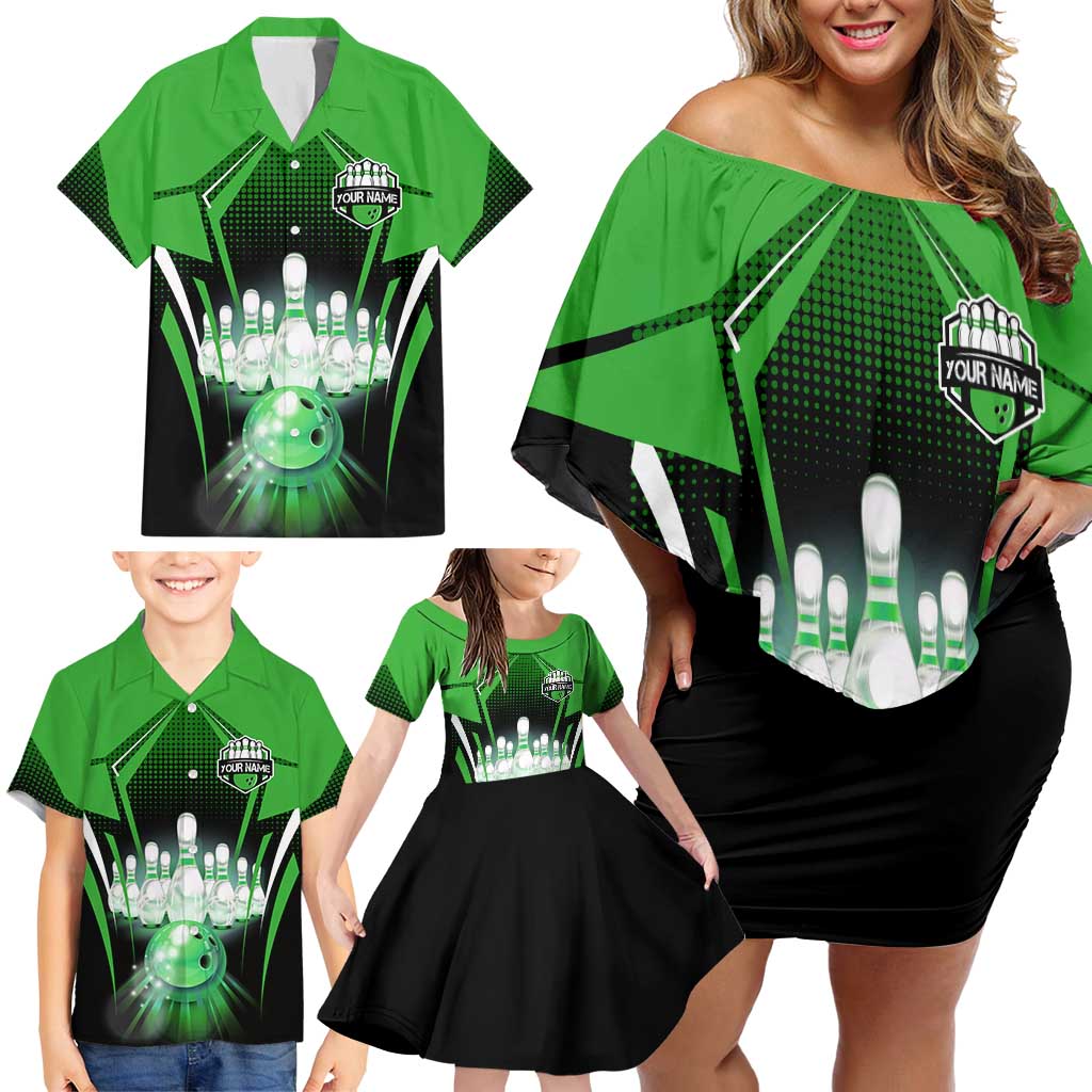 Bowling Team Design Family Matching Off Shoulder Short Dress and Hawaiian Shirt Green Strike Graphic and Custom Name Shield Accent - Wonder Print Shop