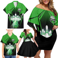 Bowling Team Design Family Matching Off Shoulder Short Dress and Hawaiian Shirt Green Strike Graphic and Custom Name Shield Accent - Wonder Print Shop