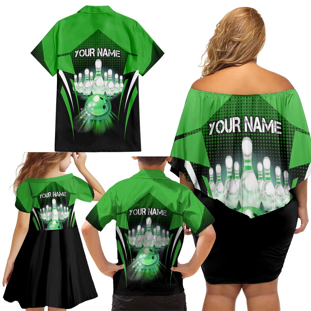 Bowling Team Design Family Matching Off Shoulder Short Dress and Hawaiian Shirt Green Strike Graphic and Custom Name Shield Accent - Wonder Print Shop