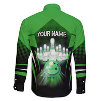 Bowling Team Design Family Matching Off Shoulder Short Dress and Hawaiian Shirt Green Strike Graphic and Custom Name Shield Accent - Wonder Print Shop