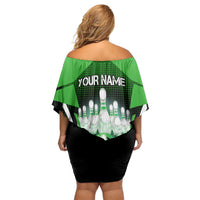 Bowling Team Design Family Matching Off Shoulder Short Dress and Hawaiian Shirt Green Strike Graphic and Custom Name Shield Accent - Wonder Print Shop