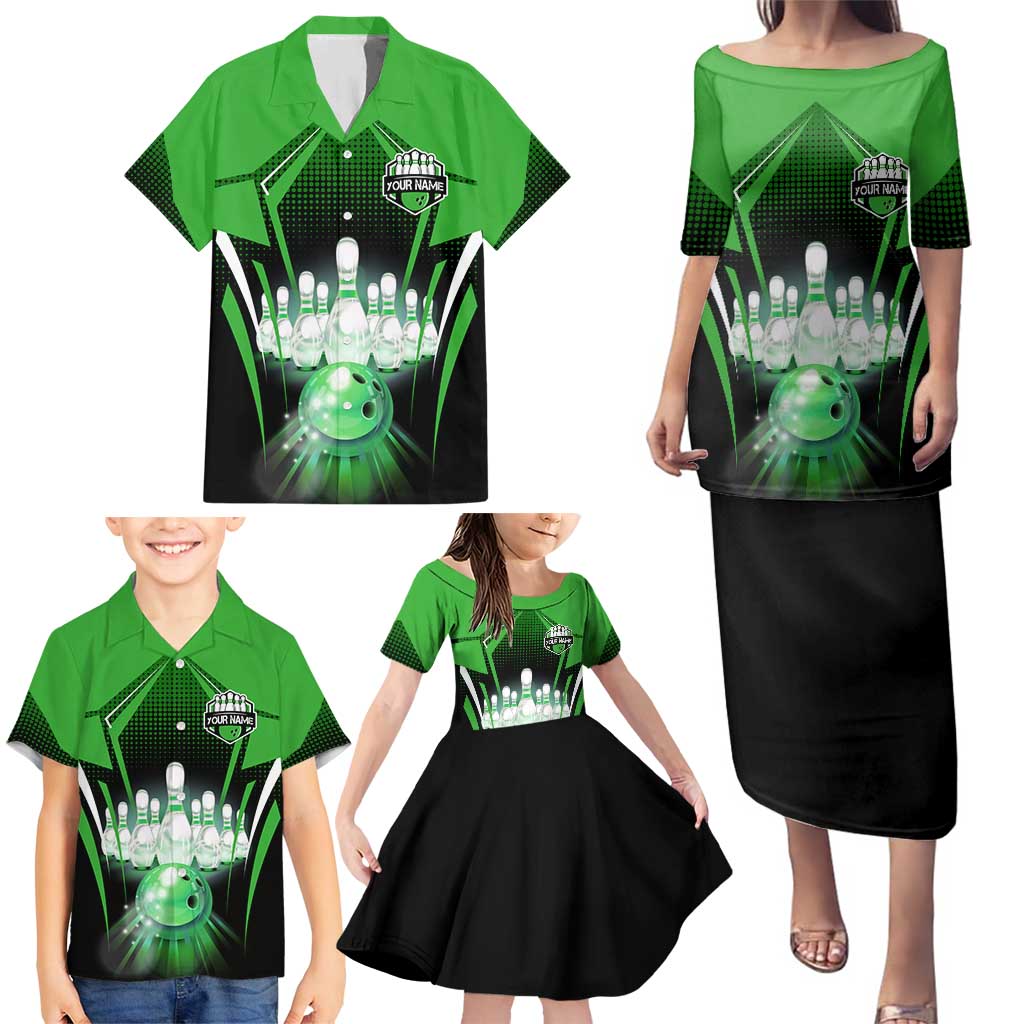 Bowling Team Design Family Matching Puletasi and Hawaiian Shirt Green Strike Graphic and Custom Name Shield Accent - Wonder Print Shop