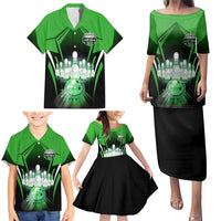 Bowling Team Design Family Matching Puletasi and Hawaiian Shirt Green Strike Graphic and Custom Name Shield Accent - Wonder Print Shop
