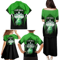 Bowling Team Design Family Matching Puletasi and Hawaiian Shirt Green Strike Graphic and Custom Name Shield Accent - Wonder Print Shop