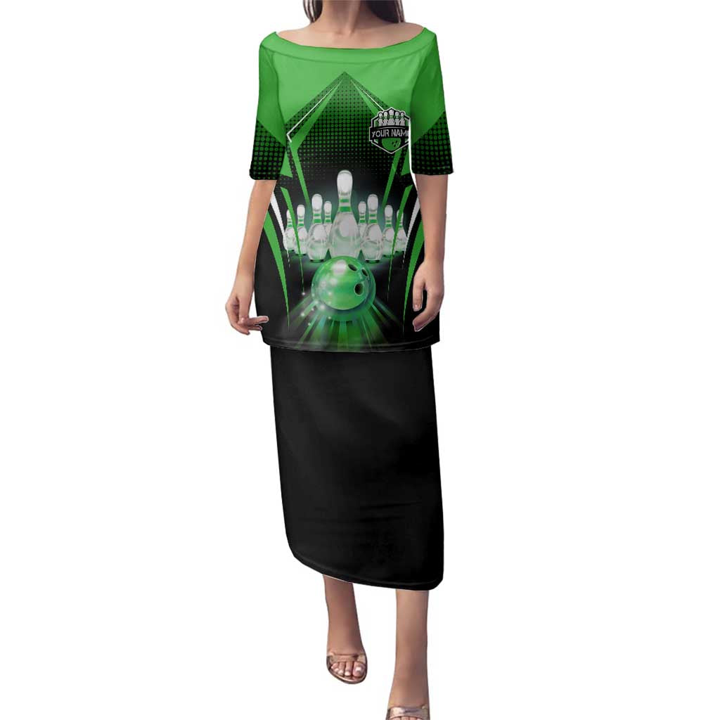 Bowling Team Design Family Matching Puletasi and Hawaiian Shirt Green Strike Graphic and Custom Name Shield Accent - Wonder Print Shop