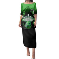 Bowling Team Design Family Matching Puletasi and Hawaiian Shirt Green Strike Graphic and Custom Name Shield Accent - Wonder Print Shop