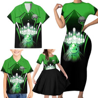 Bowling Team Design Family Matching Short Sleeve Bodycon Dress and Hawaiian Shirt Green Strike Graphic and Custom Name Shield Accent - Wonder Print Shop