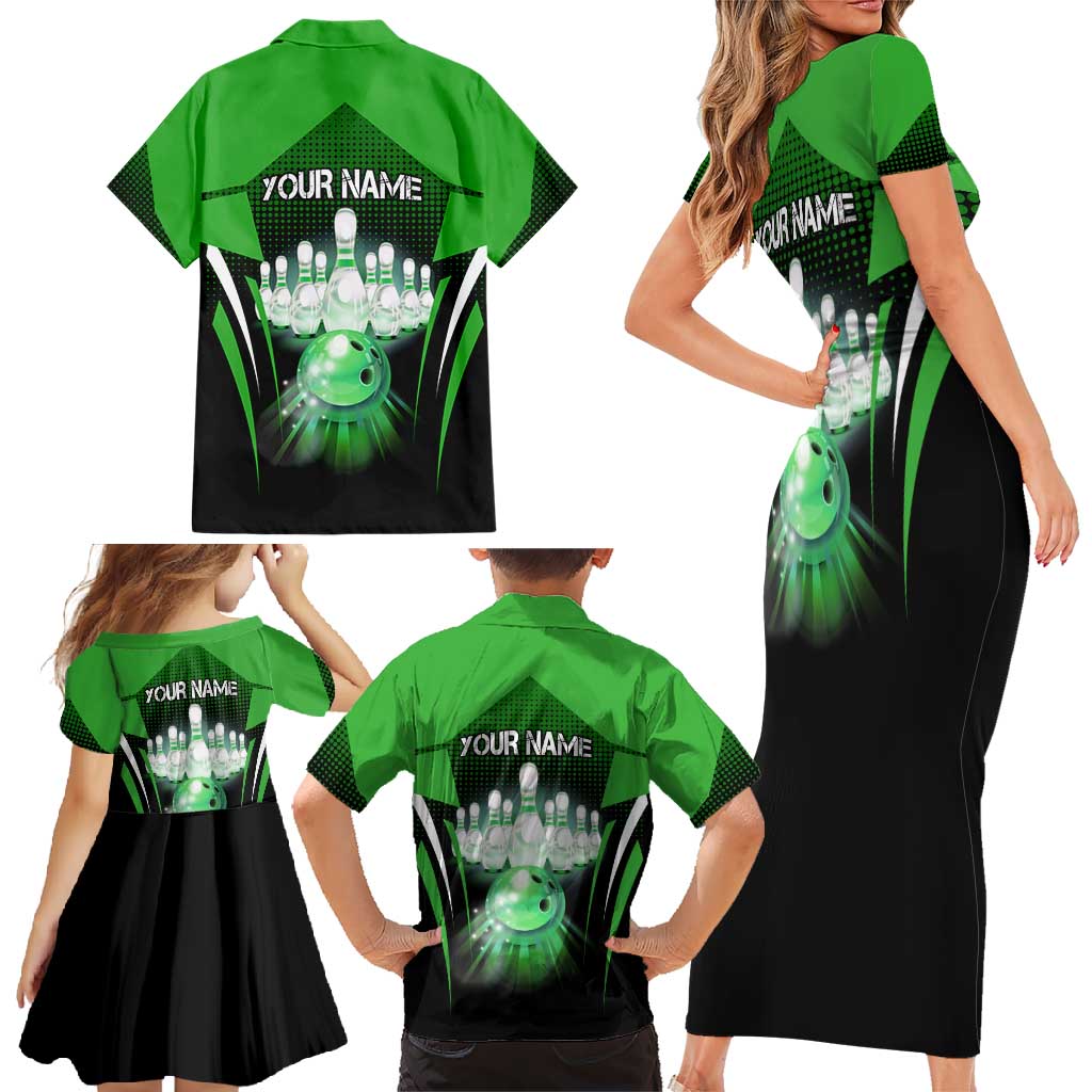 Bowling Team Design Family Matching Short Sleeve Bodycon Dress and Hawaiian Shirt Green Strike Graphic and Custom Name Shield Accent - Wonder Print Shop
