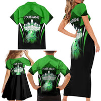 Bowling Team Design Family Matching Short Sleeve Bodycon Dress and Hawaiian Shirt Green Strike Graphic and Custom Name Shield Accent - Wonder Print Shop
