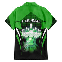 Bowling Team Design Family Matching Short Sleeve Bodycon Dress and Hawaiian Shirt Green Strike Graphic and Custom Name Shield Accent - Wonder Print Shop
