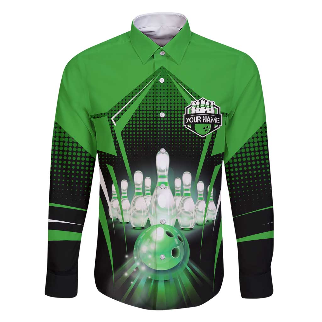 Bowling Team Design Family Matching Short Sleeve Bodycon Dress and Hawaiian Shirt Green Strike Graphic and Custom Name Shield Accent - Wonder Print Shop