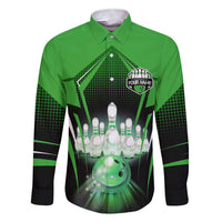 Bowling Team Design Family Matching Short Sleeve Bodycon Dress and Hawaiian Shirt Green Strike Graphic and Custom Name Shield Accent - Wonder Print Shop