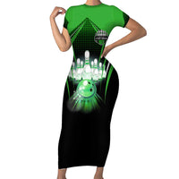 Bowling Team Design Family Matching Short Sleeve Bodycon Dress and Hawaiian Shirt Green Strike Graphic and Custom Name Shield Accent - Wonder Print Shop