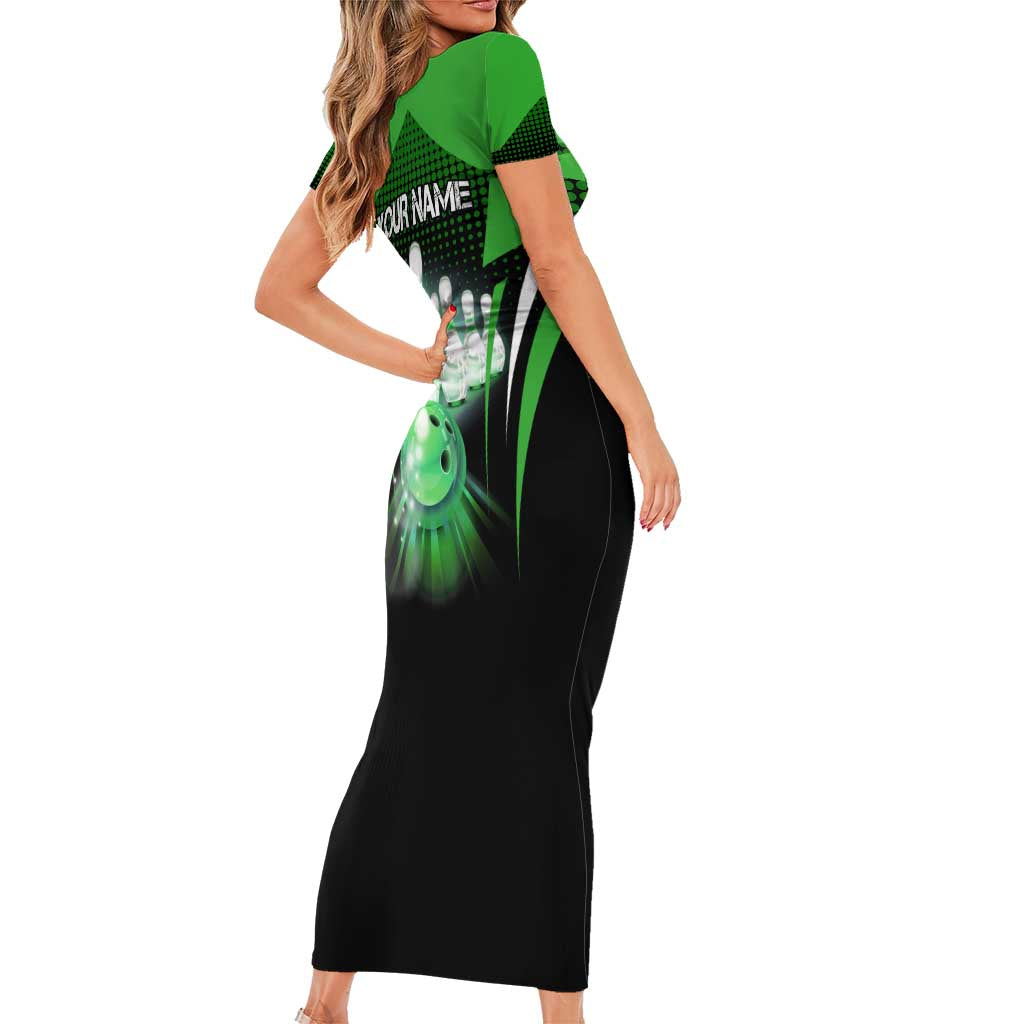 Bowling Team Design Family Matching Short Sleeve Bodycon Dress and Hawaiian Shirt Green Strike Graphic and Custom Name Shield Accent - Wonder Print Shop