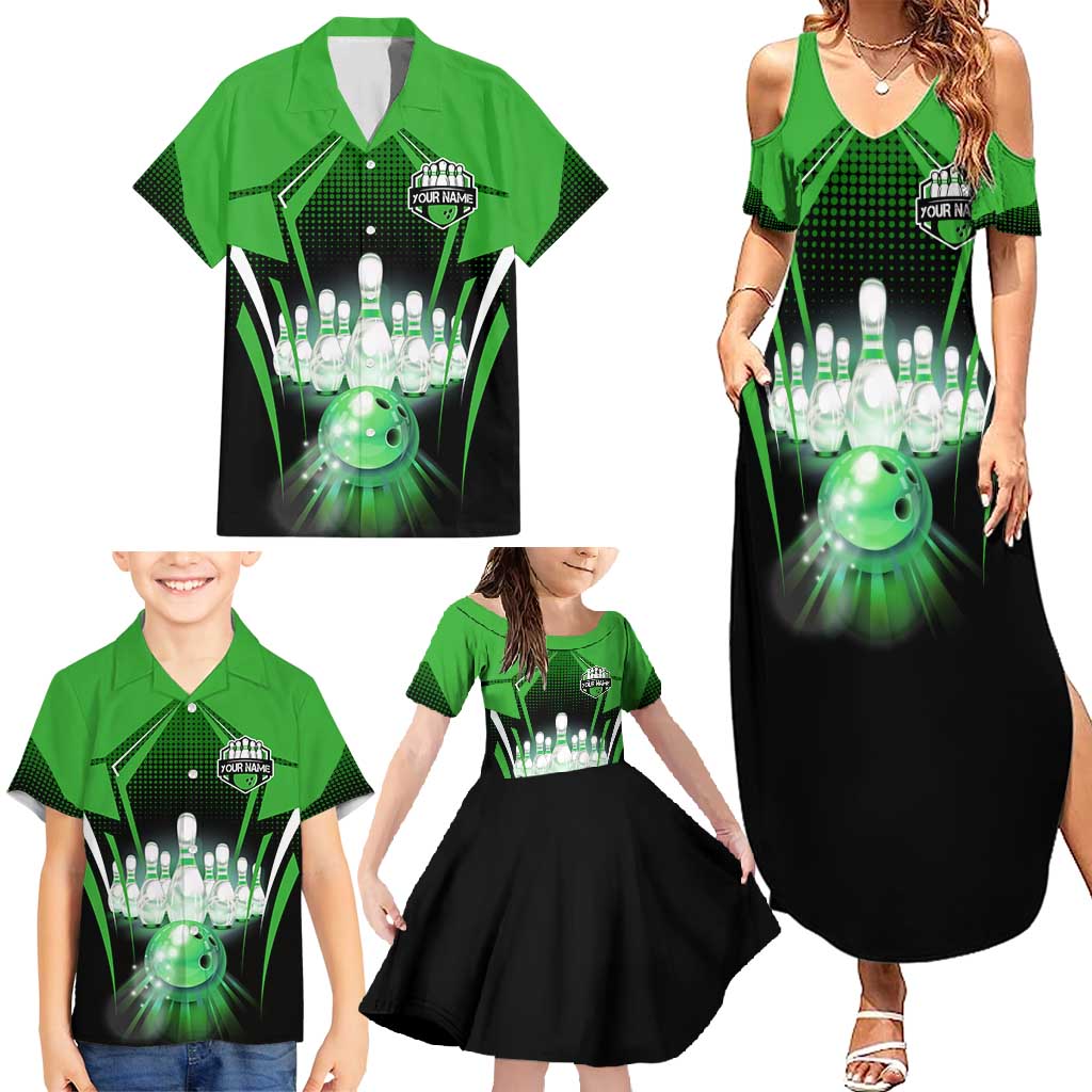 Bowling Team Design Family Matching Summer Maxi Dress and Hawaiian Shirt Green Strike Graphic and Custom Name Shield Accent - Wonder Print Shop