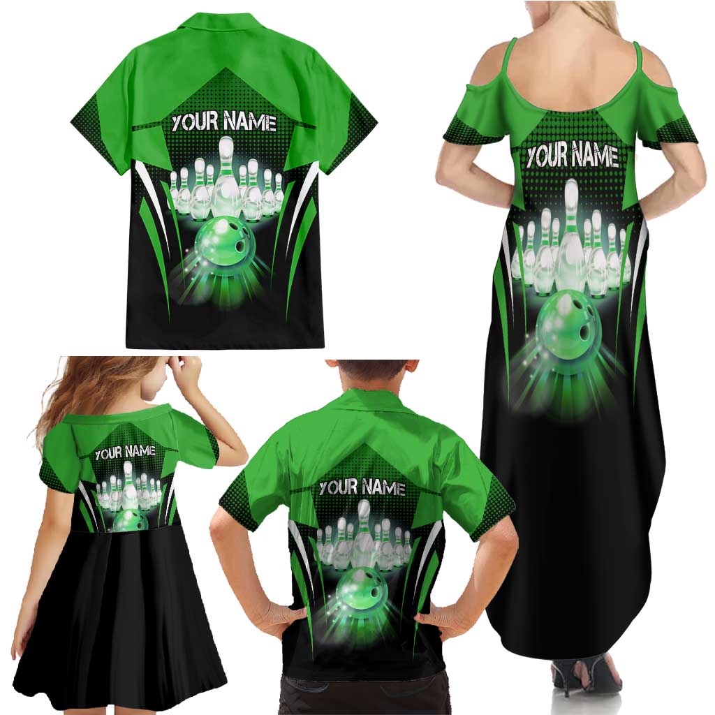 Bowling Team Design Family Matching Summer Maxi Dress and Hawaiian Shirt Green Strike Graphic and Custom Name Shield Accent - Wonder Print Shop