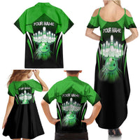 Bowling Team Design Family Matching Summer Maxi Dress and Hawaiian Shirt Green Strike Graphic and Custom Name Shield Accent - Wonder Print Shop