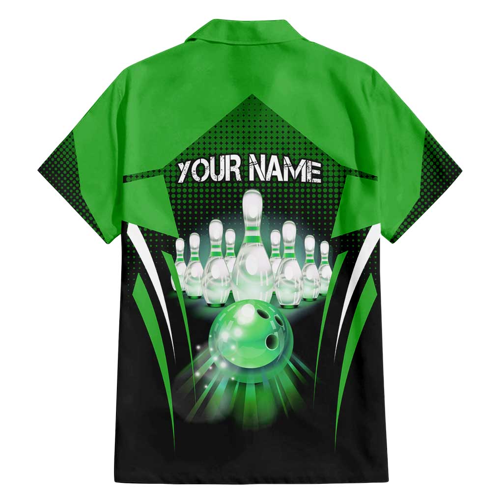 Bowling Team Design Family Matching Summer Maxi Dress and Hawaiian Shirt Green Strike Graphic and Custom Name Shield Accent - Wonder Print Shop